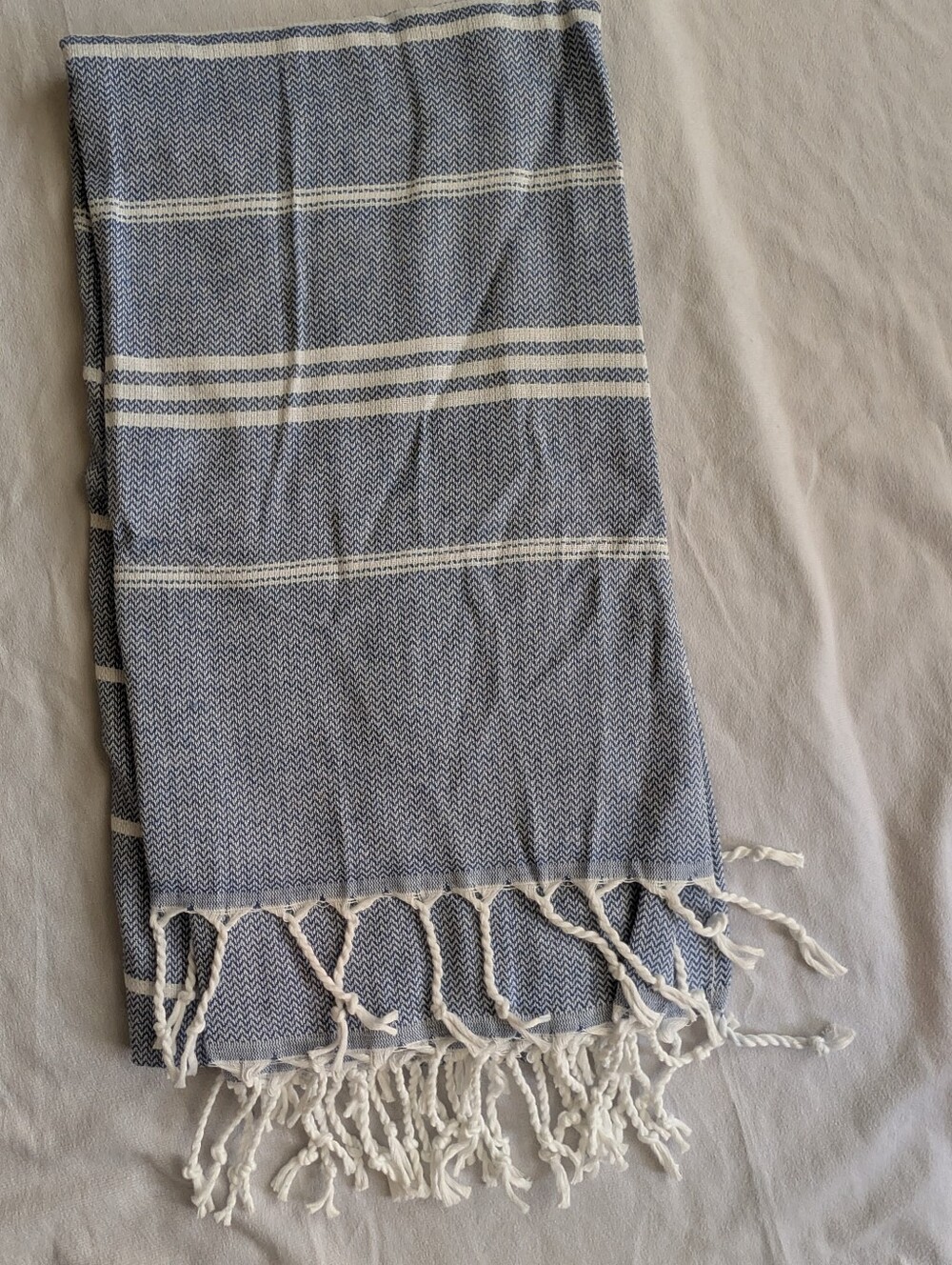 Cotton Turkish Towel Peshtemal Hammam Bath Beach Blue White Striped Fringe NWOT
